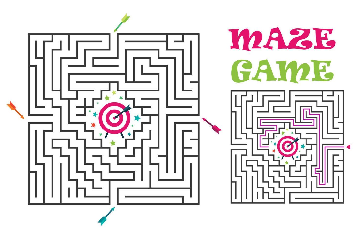 Square maze labyrinth game for kids. Logic conundrum. Four entrance and one right way to go. Vector flat illustration isolated on white background.