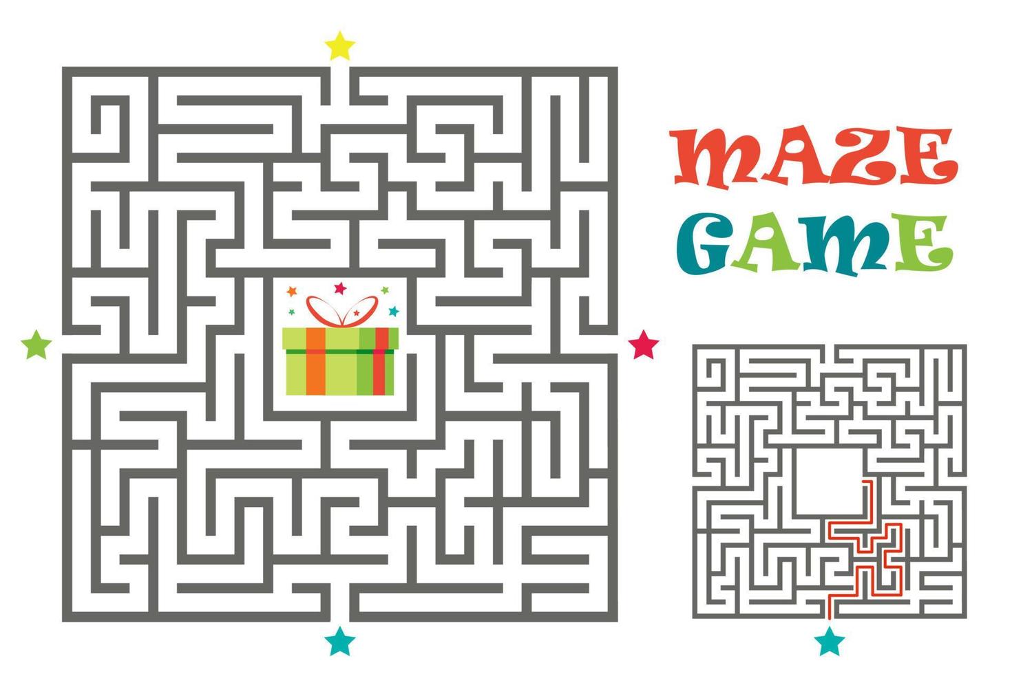 Square maze labyrinth game for kids. Logic conundrum. Four entrance and one right way to go. Vector flat illustration isolated on white background.