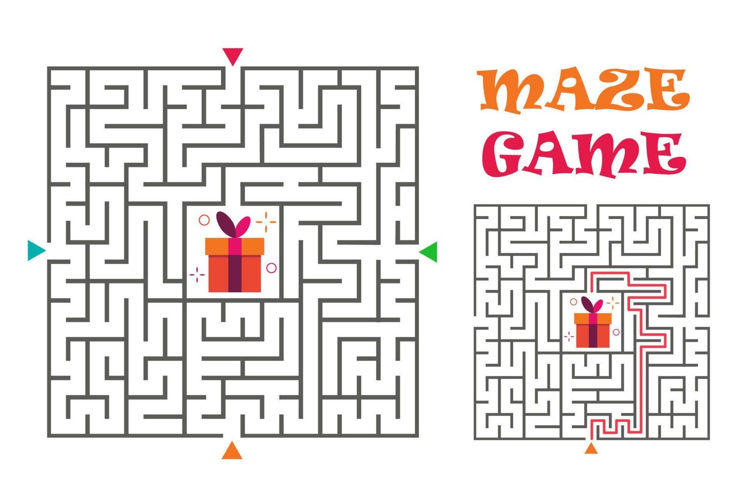 Square maze labyrinth game for kids. Logic conundrum. Four entrance and one right way to go. Vector flat illustration isolated on white background.