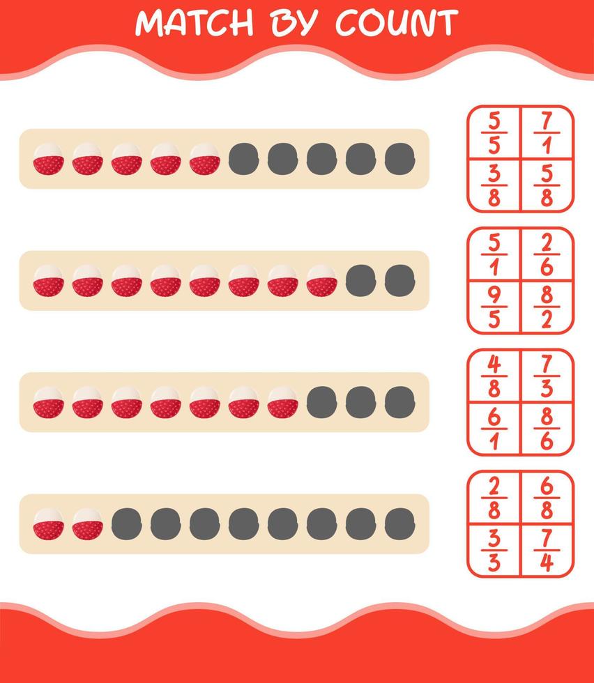 Match by count of cartoon lychee. Match and count game. Educational game for pre shool years kids and toddlers vector