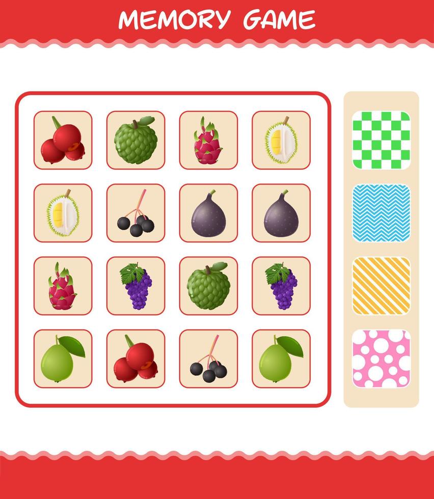 juegos de memoria con frutas de dibujos animados. juego de cartas de aprendizaje. juego educativo para niños de edad preescolar y niños pequeños vector