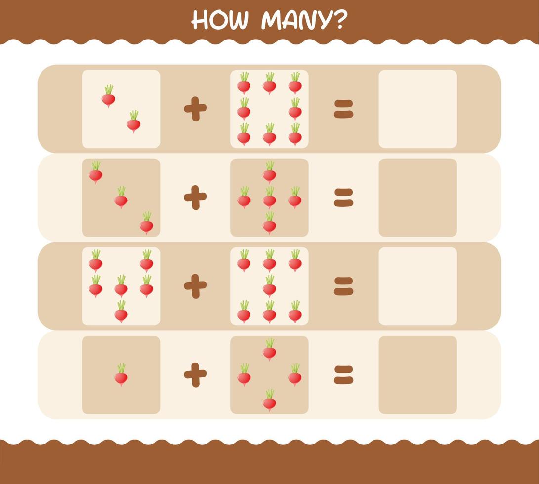 How many cartoon radish. Counting game. Educational game for pre shool years kids and toddlers vector