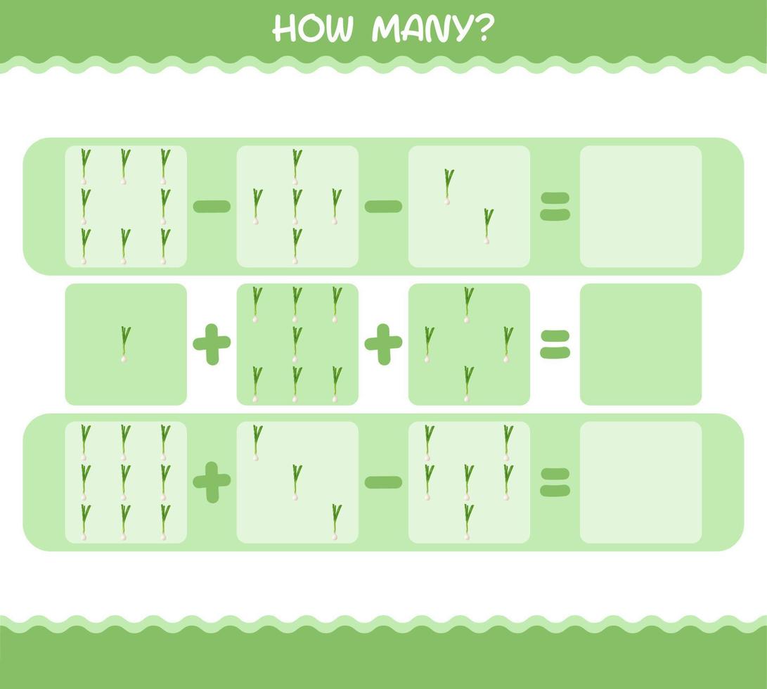 How many cartoon spring onion. Counting game. Educational game for pre shool years kids and toddlers vector