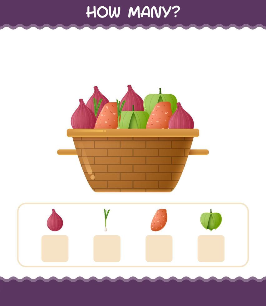 How many cartoon vegetables. Counting game. Educational game for pre shool years kids and toddlers vector
