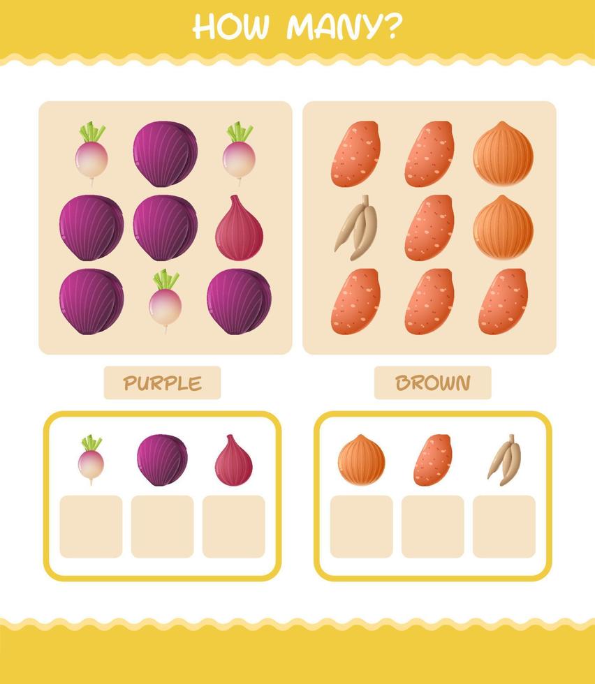 cuántas verduras de dibujos animados. juego de conteo juego educativo para niños de edad preescolar y niños pequeños vector