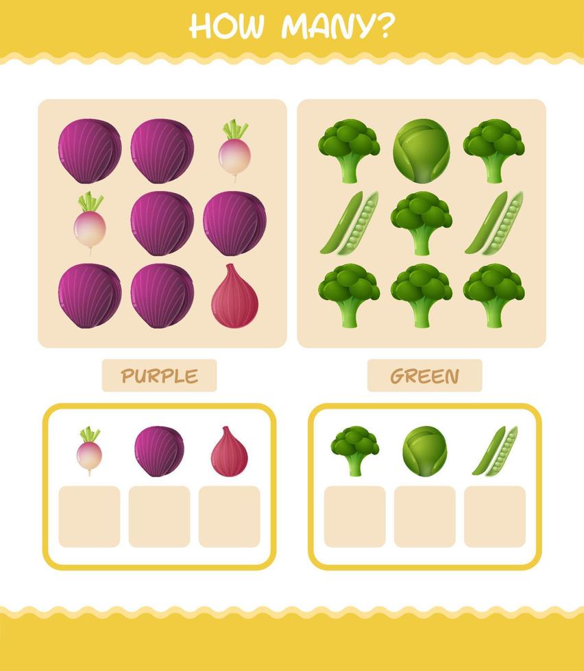 cuántas verduras de dibujos animados. juego de conteo juego educativo para niños de edad preescolar y niños pequeños vector