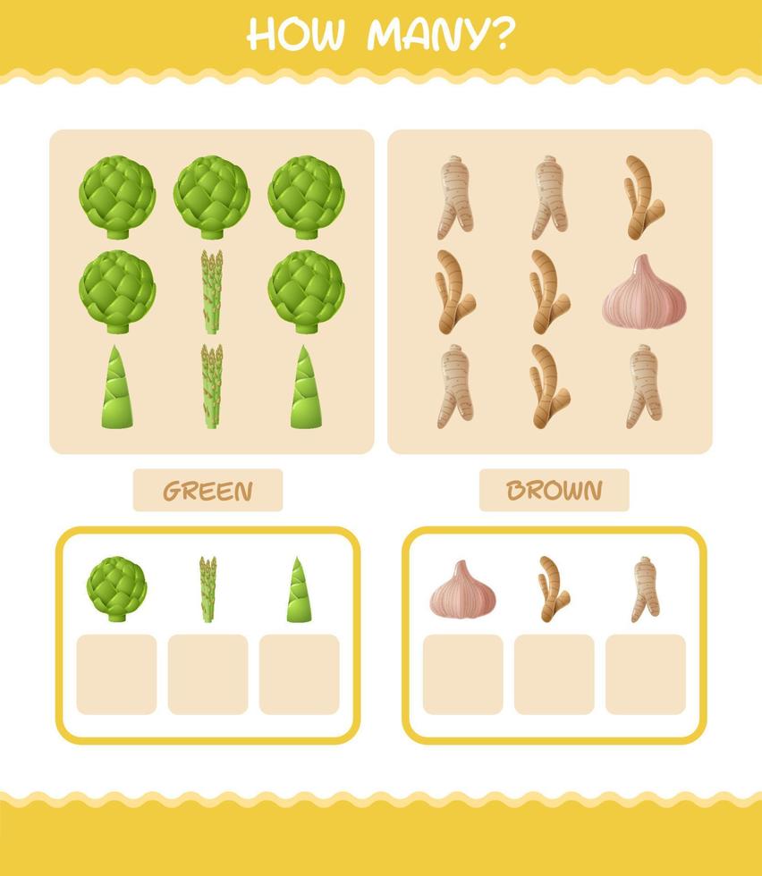 cuántas verduras de dibujos animados. juego de conteo juego educativo para niños de edad preescolar y niños pequeños vector