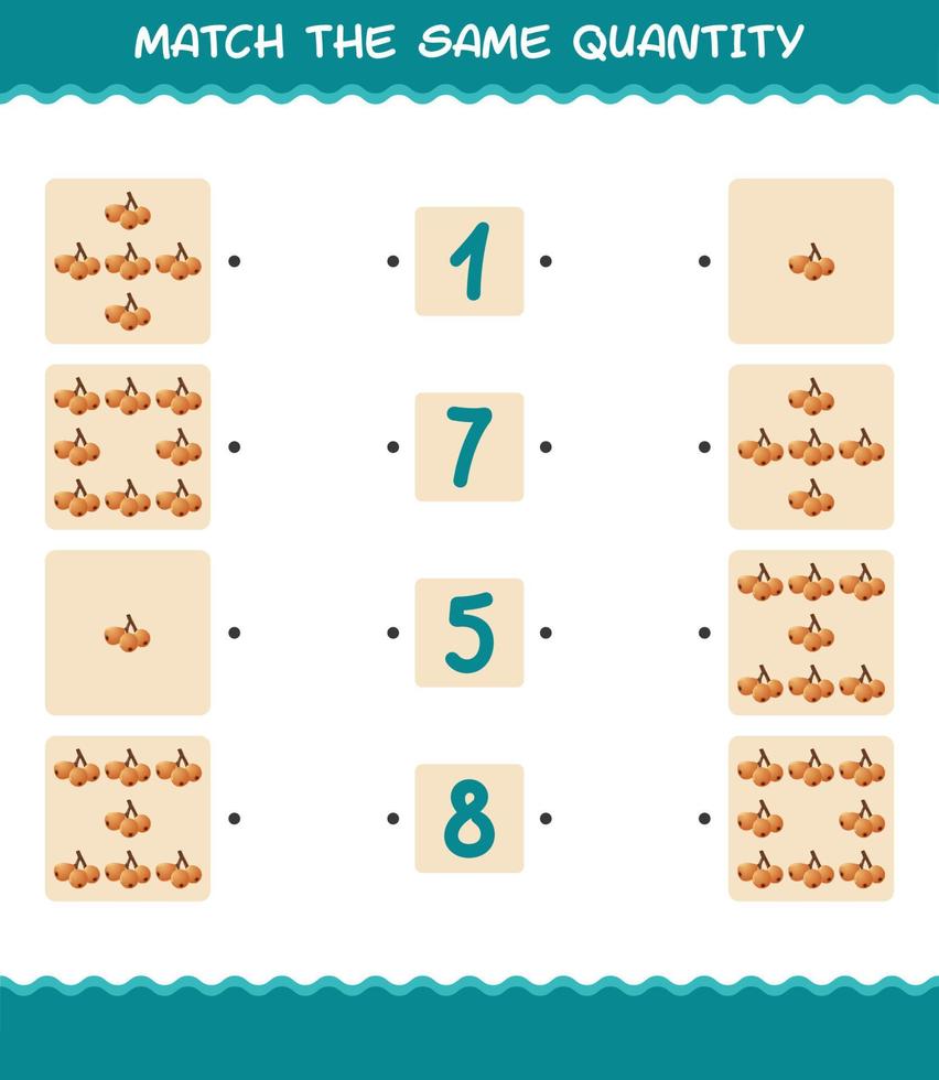 Match the same quantity of loquat. Counting game. Educational game for pre shool years kids and toddlers vector