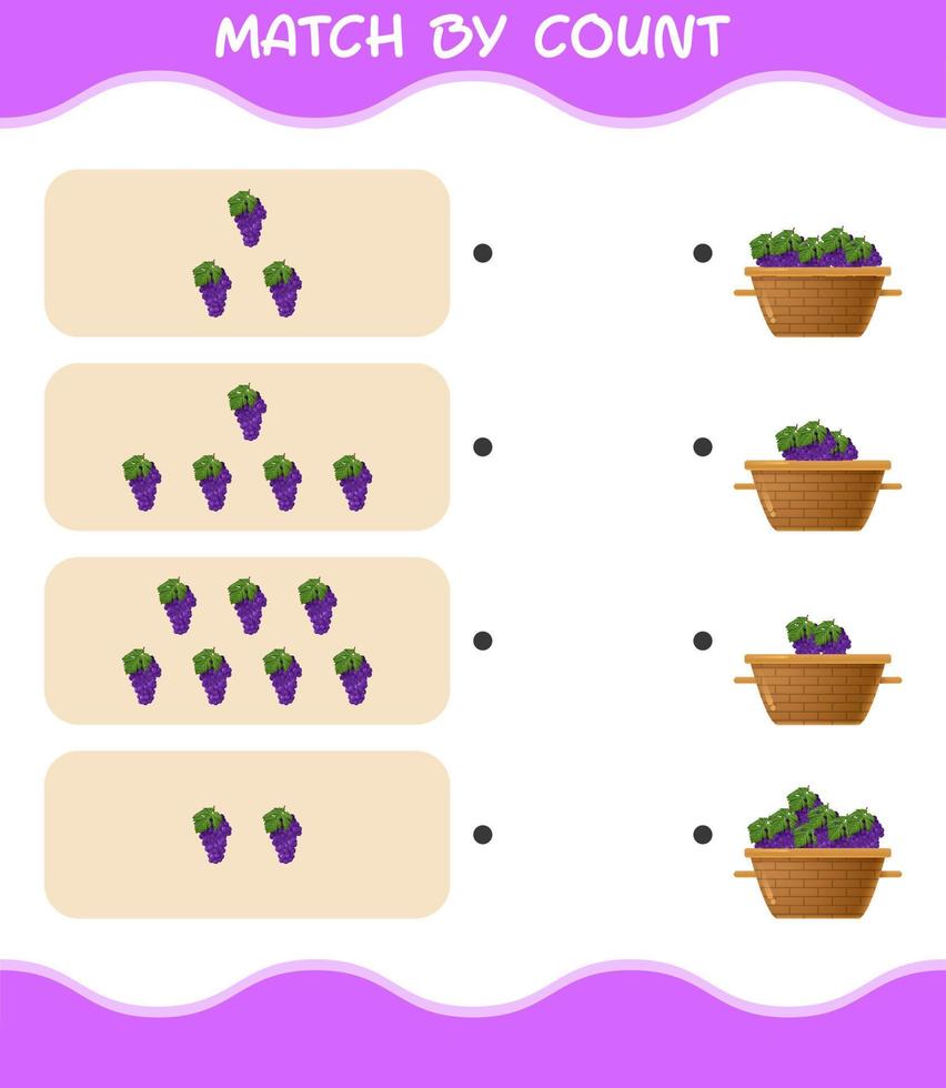 Match by count of cartoon grape. Match and count game. Educational game for pre shool years kids and toddlers vector