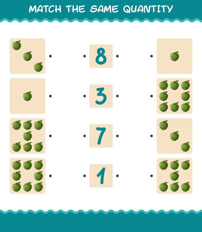 Match the same quantity of custard apple. Counting game. Educational game for pre shool years kids and toddlers vector