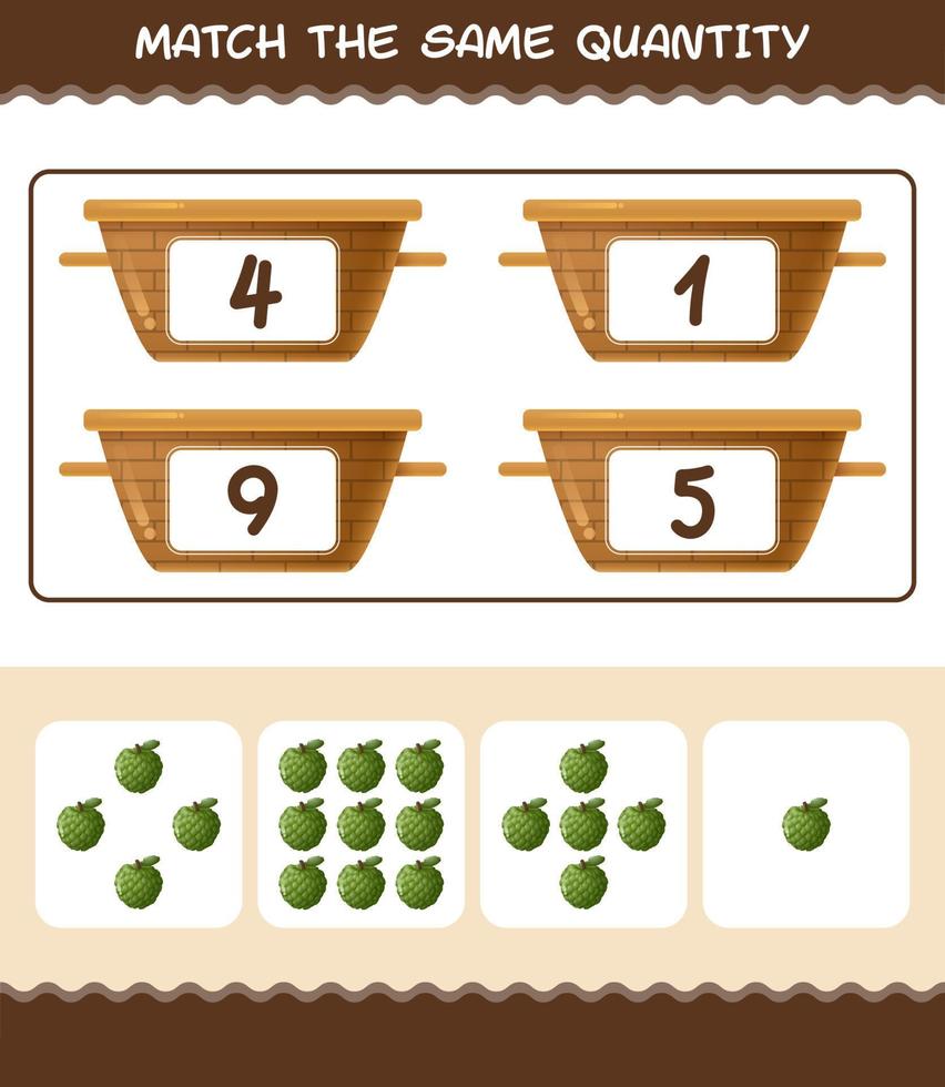 Match the same quantity of custard apple. Counting game. Educational game for pre shool years kids and toddlers vector