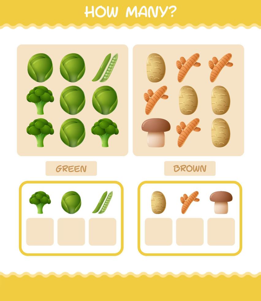 How many cartoon vegetables. Counting game. Educational game for pre shool years kids and toddlers vector