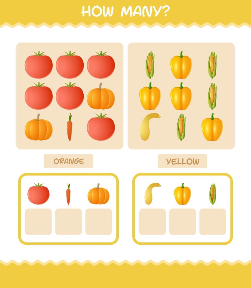 cuántas verduras de dibujos animados. juego de conteo juego educativo para niños de edad preescolar y niños pequeños vector