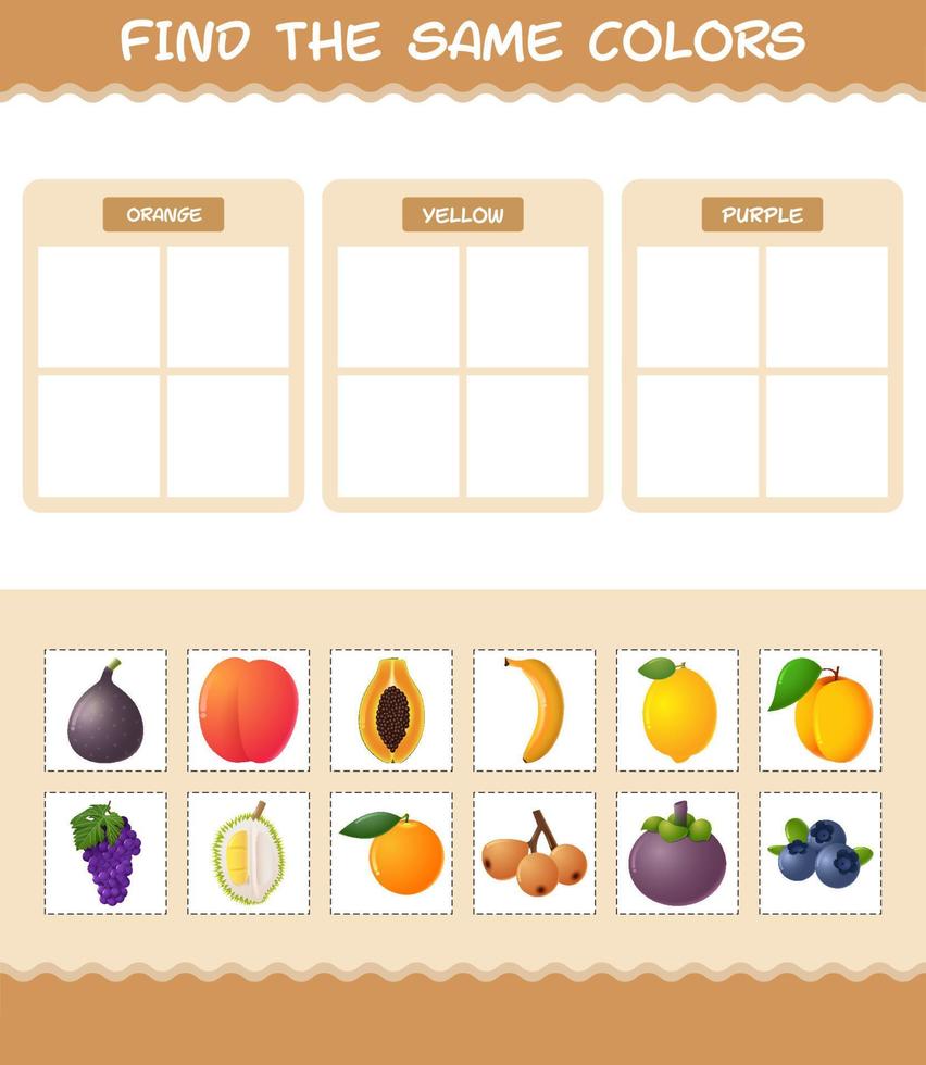 Find the same colors of fruits. Searching and Matching game. Educational game for pre shool years kids and toddlers vector
