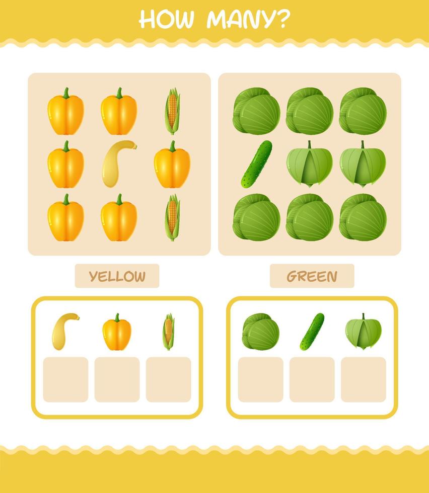 How many cartoon vegetables. Counting game. Educational game for pre shool years kids and toddlers vector