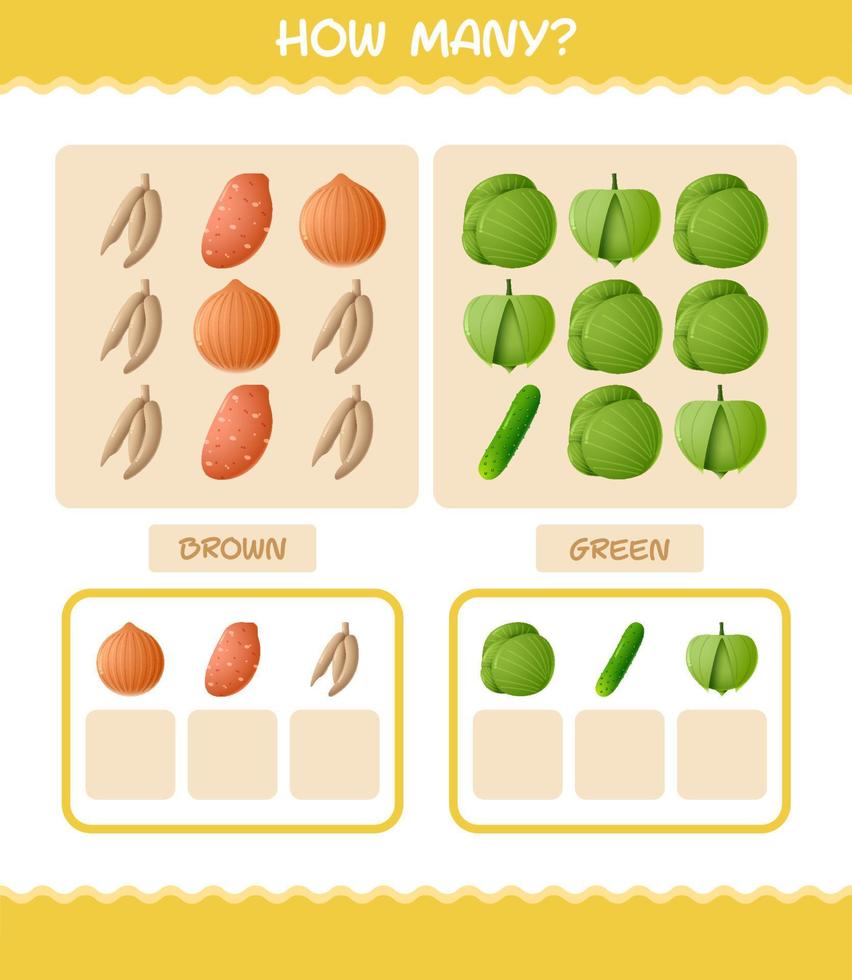 cuántas verduras de dibujos animados. juego de conteo juego educativo para niños de edad preescolar y niños pequeños vector