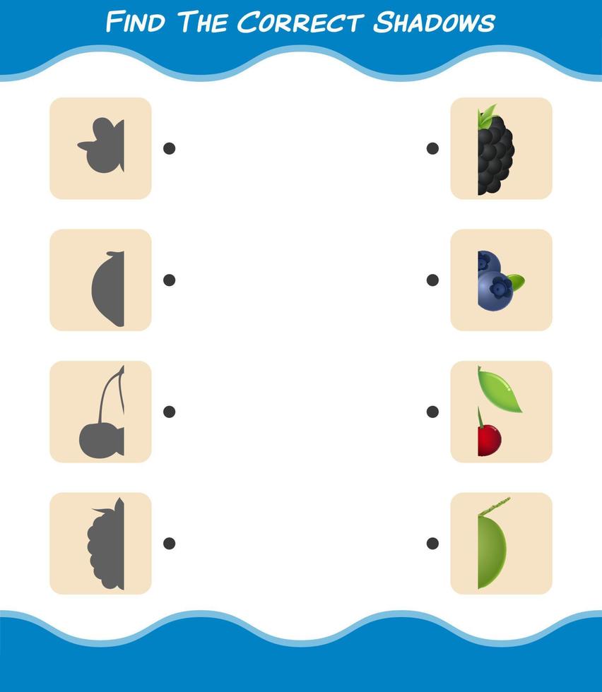 Find the correct shadows of cartoon fruits. Searching and Matching game. Educational game for pre shool years kids and toddlers vector
