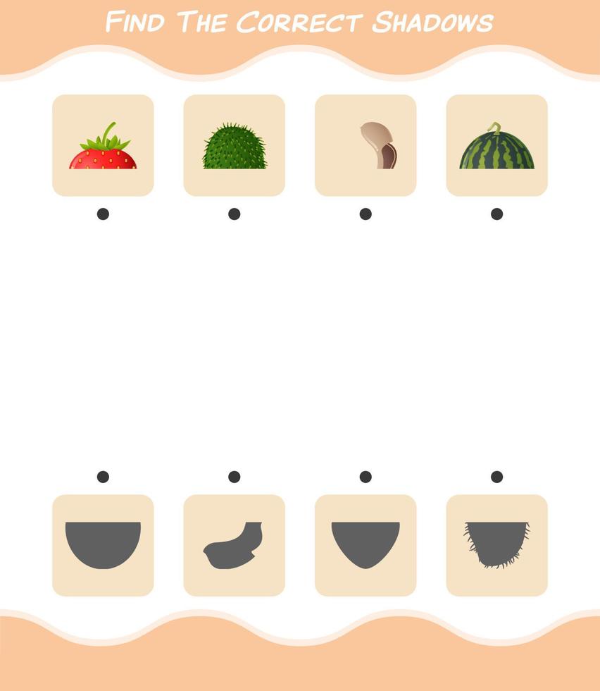 encuentra las sombras correctas de las frutas de dibujos animados. juego de búsqueda y combinación. juego educativo para niños de edad preescolar y niños pequeños vector