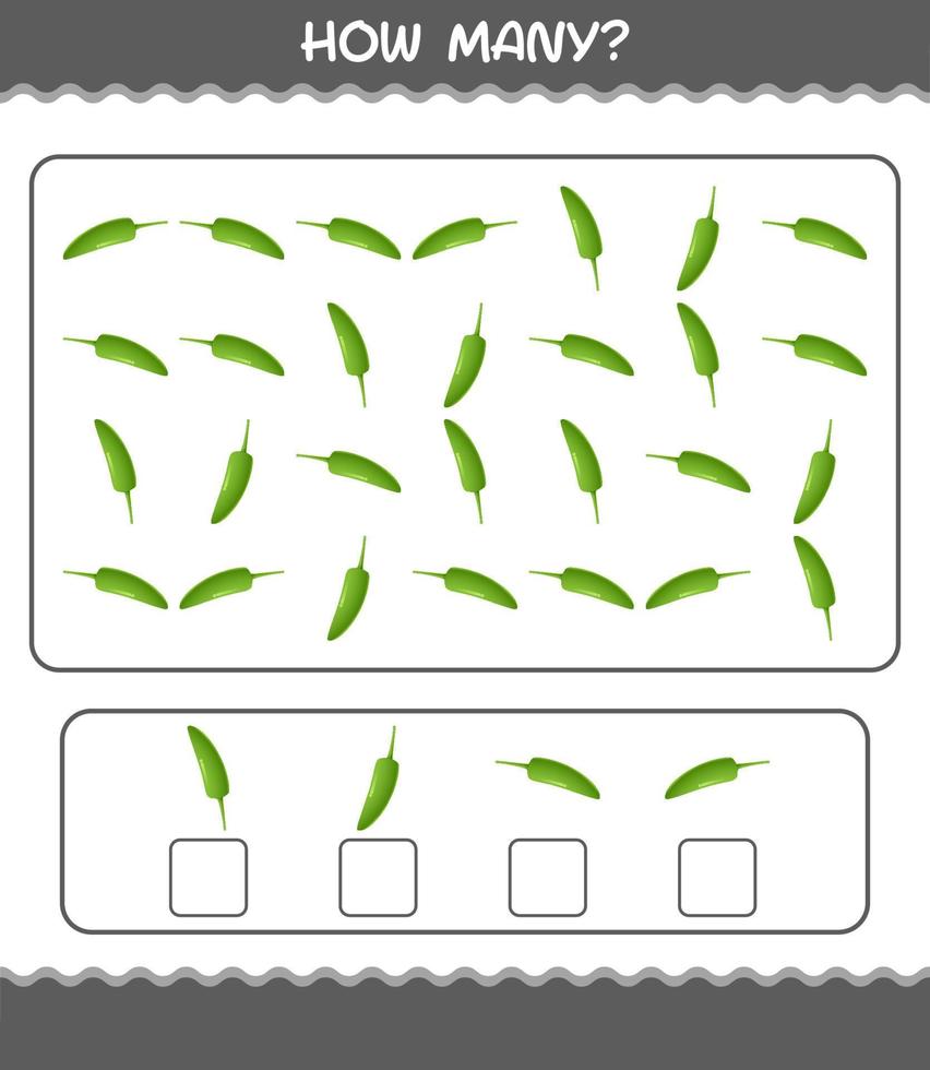 How many cartoon green chilli. Counting game. Educational game for pre shool years kids and toddlers vector