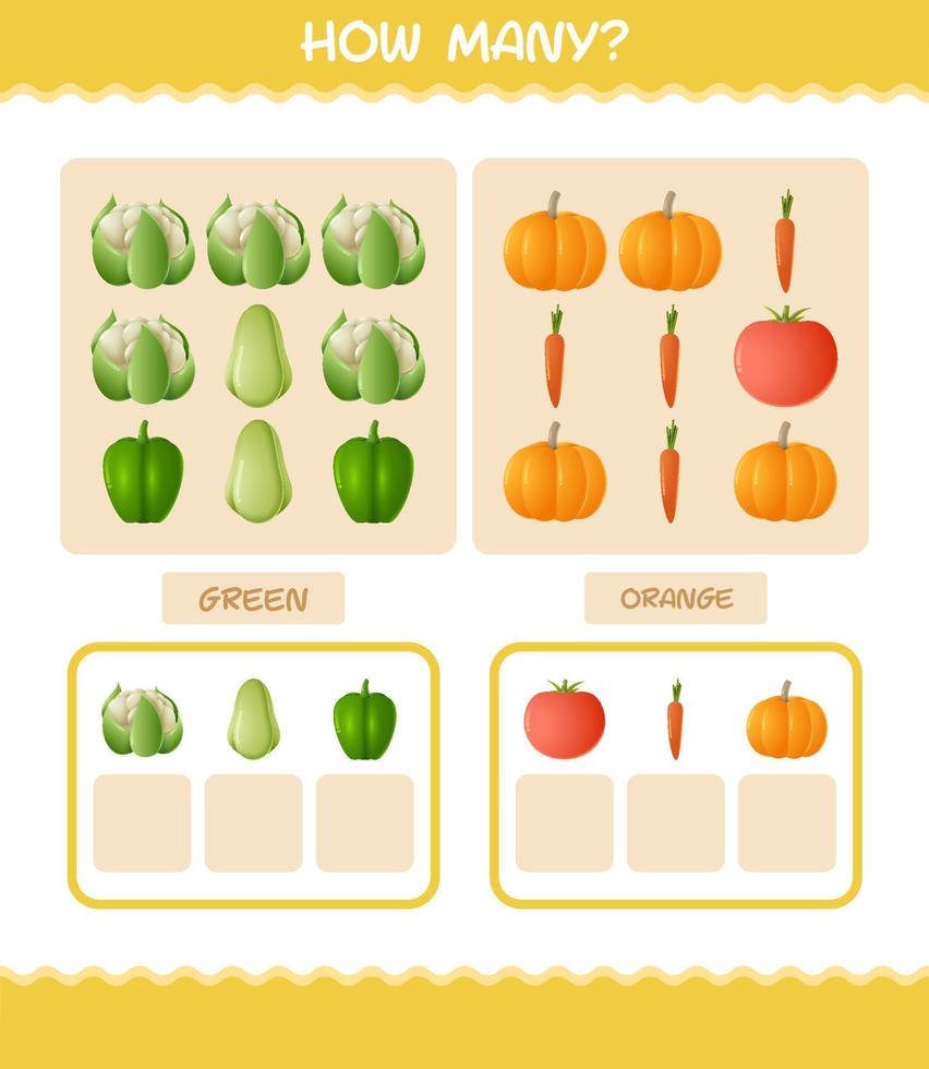 How many cartoon vegetables. Counting game. Educational game for pre shool years kids and toddlers vector