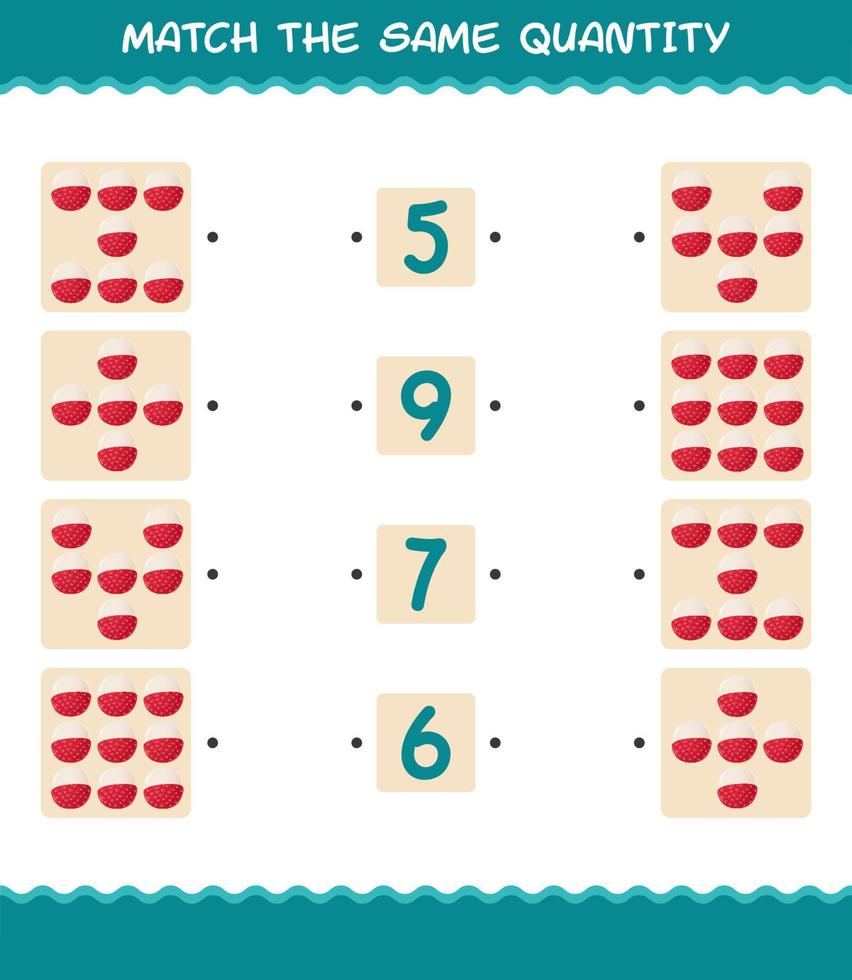 Match the same quantity of lychee. Counting game. Educational game for pre shool years kids and toddlers vector