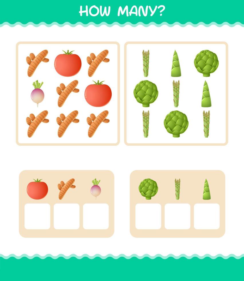 How many cartoon vegetables. Counting game. Educational game for pre shool years kids and toddlers vector