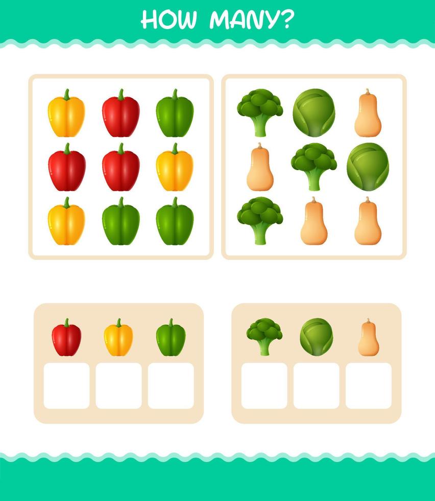How many cartoon vegetables. Counting game. Educational game for pre shool years kids and toddlers vector