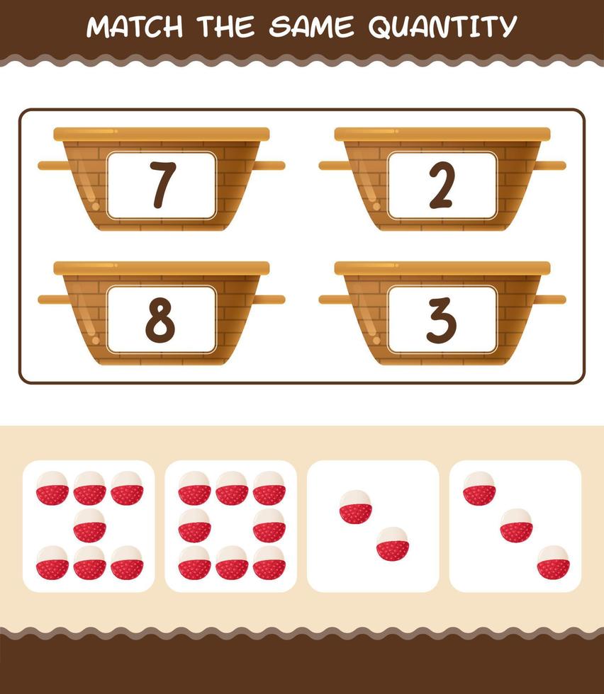 Match the same quantity of lychee. Counting game. Educational game for pre shool years kids and toddlers vector