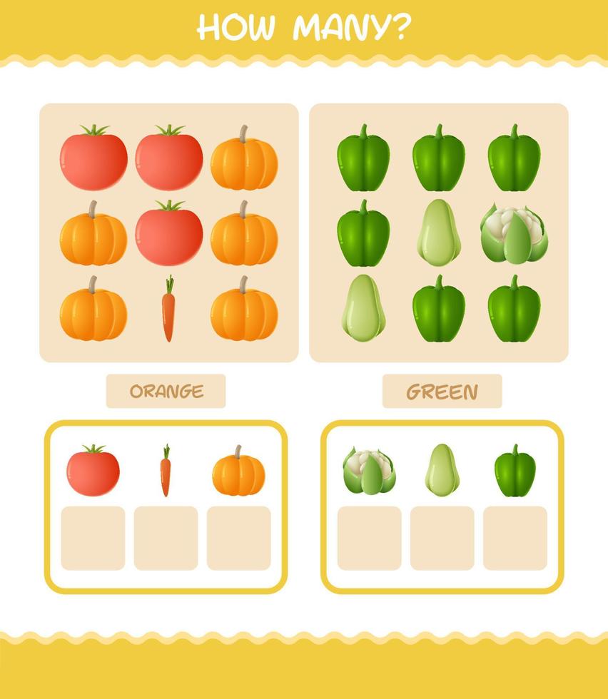 cuántas verduras de dibujos animados. juego de conteo juego educativo para niños de edad preescolar y niños pequeños vector