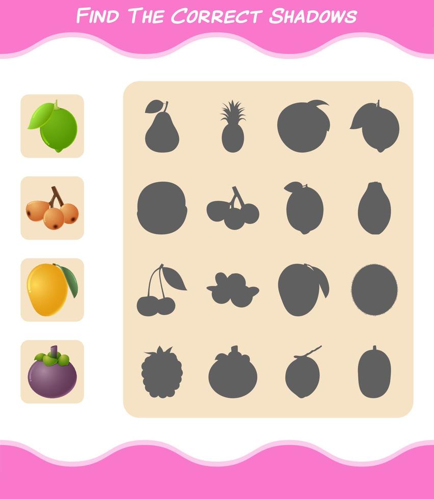 Find the correct shadows of cartoon fruits. Searching and Matching game. Educational game for pre shool years kids and toddlers vector