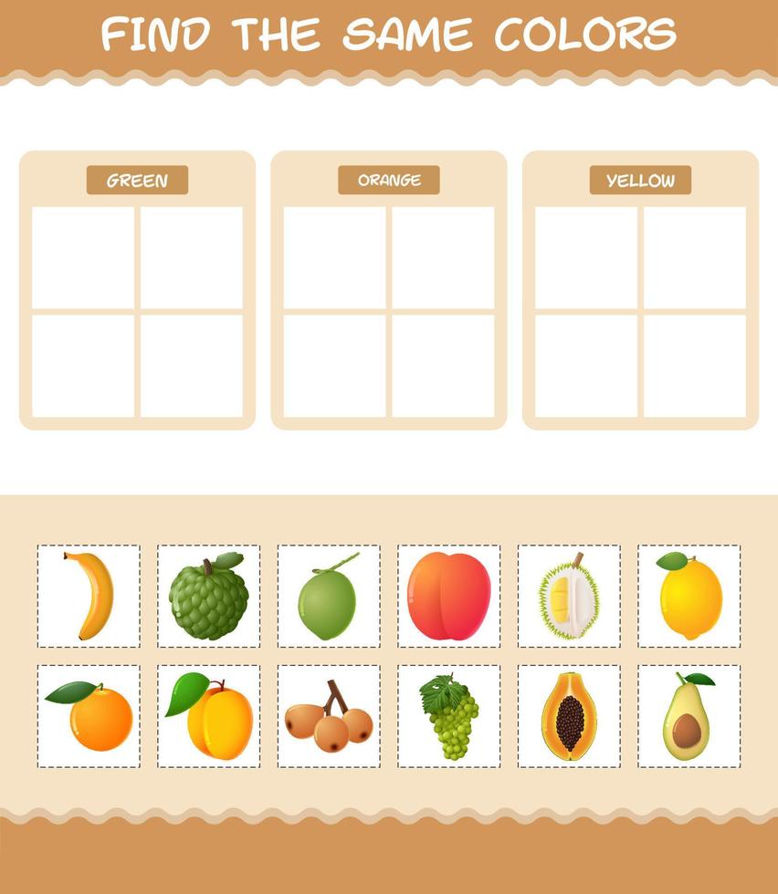 encontrar los mismos colores de las frutas. juego de búsqueda y combinación. juego educativo para niños y niños pequeños en edad preescolar vector