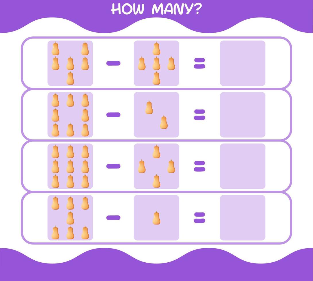 How many cartoon butternut squash. Counting game. Educational game for pre shool years kids and toddlers vector