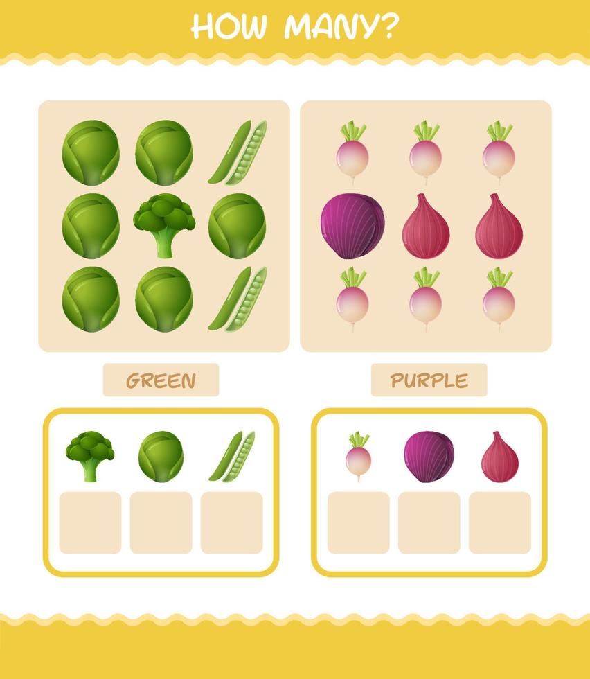 cuántas verduras de dibujos animados. juego de conteo juego educativo para niños de edad preescolar y niños pequeños vector