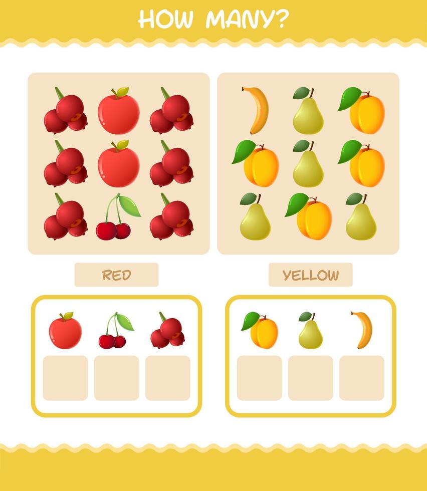 cuántas frutas de dibujos animados. juego de conteo juego educativo para niños y niños pequeños en edad preescolar vector