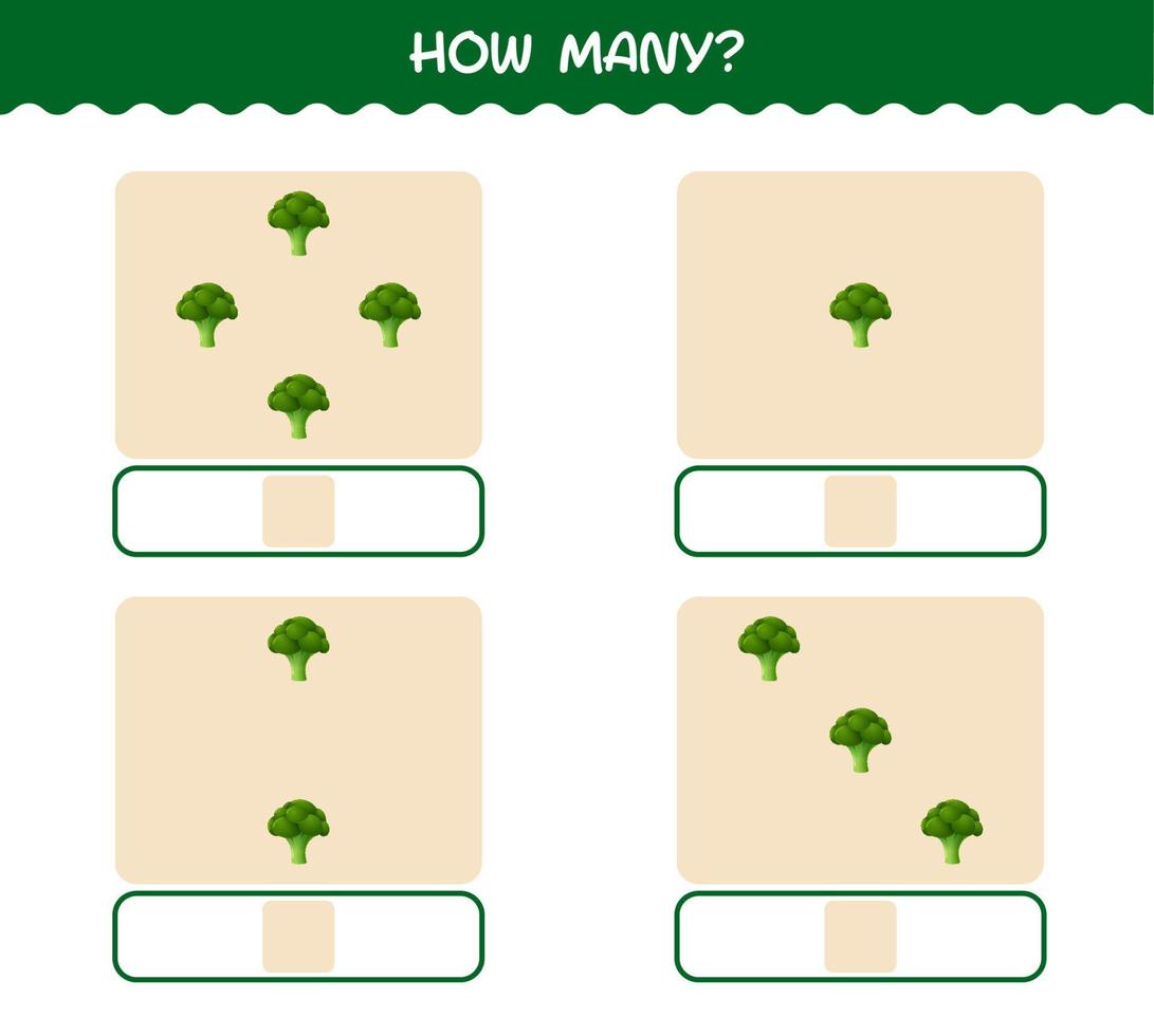 How many cartoon broccoli. Counting game. Educational game for pre shool years kids and toddlers vector