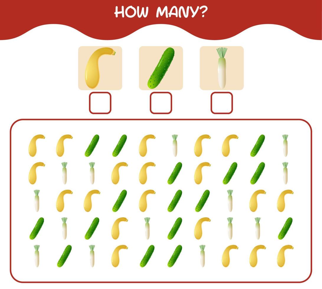 How many cartoon vegetables. Counting game. Educational game for pre shool years kids and toddlers vector