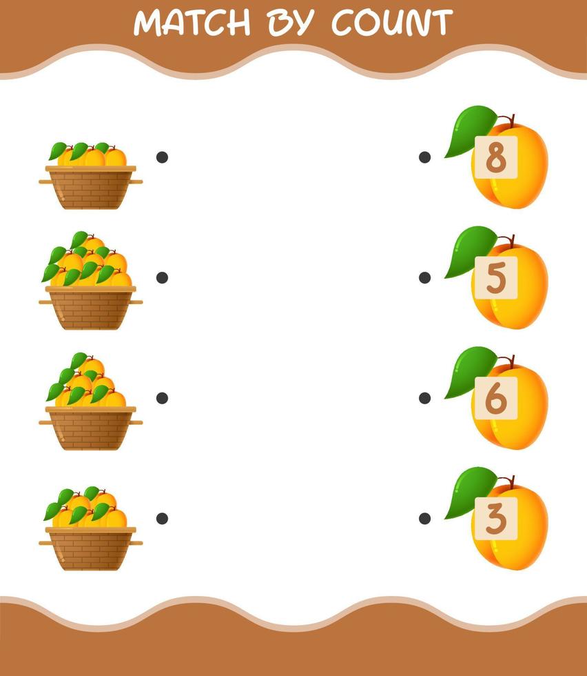 Match by count of cartoon apricot. Match and count game. Educational game for pre shool years kids and toddlers vector