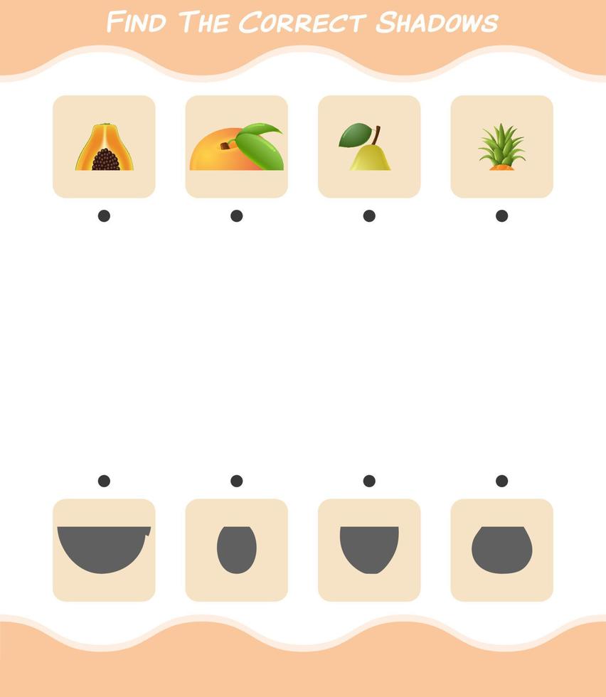 Find the correct shadows of cartoon fruits. Searching and Matching game. Educational game for pre shool years kids and toddlers vector