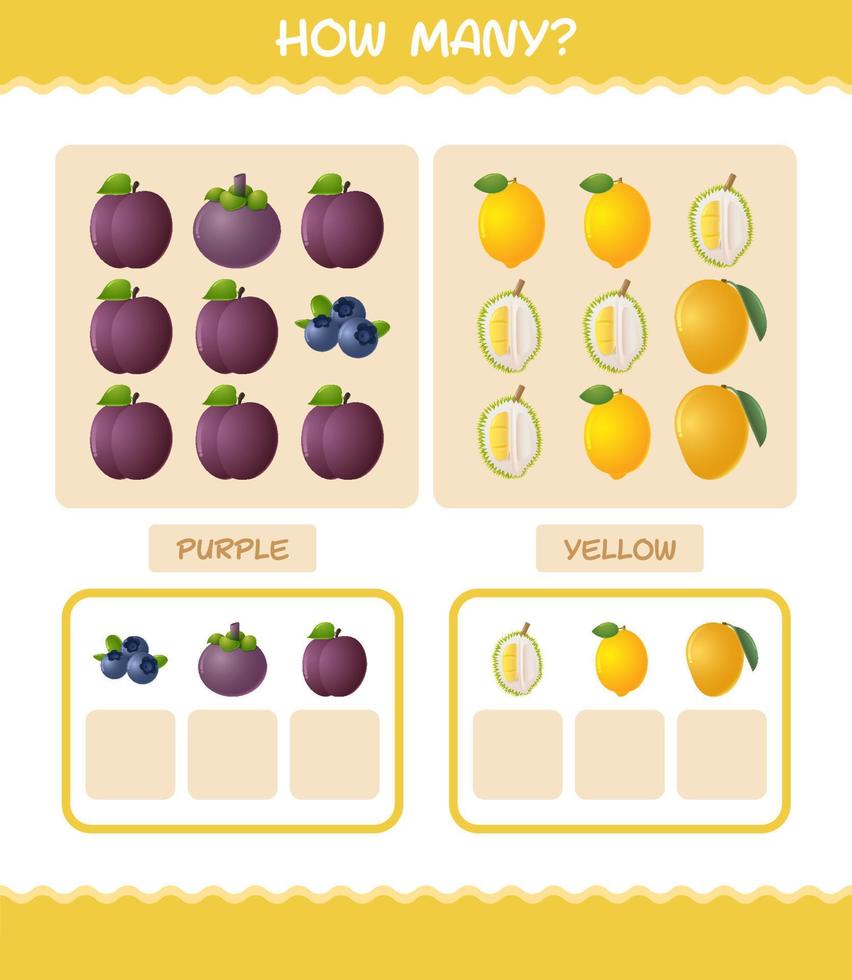 cuántas frutas de dibujos animados. juego de conteo juego educativo para niños y niños pequeños en edad preescolar vector