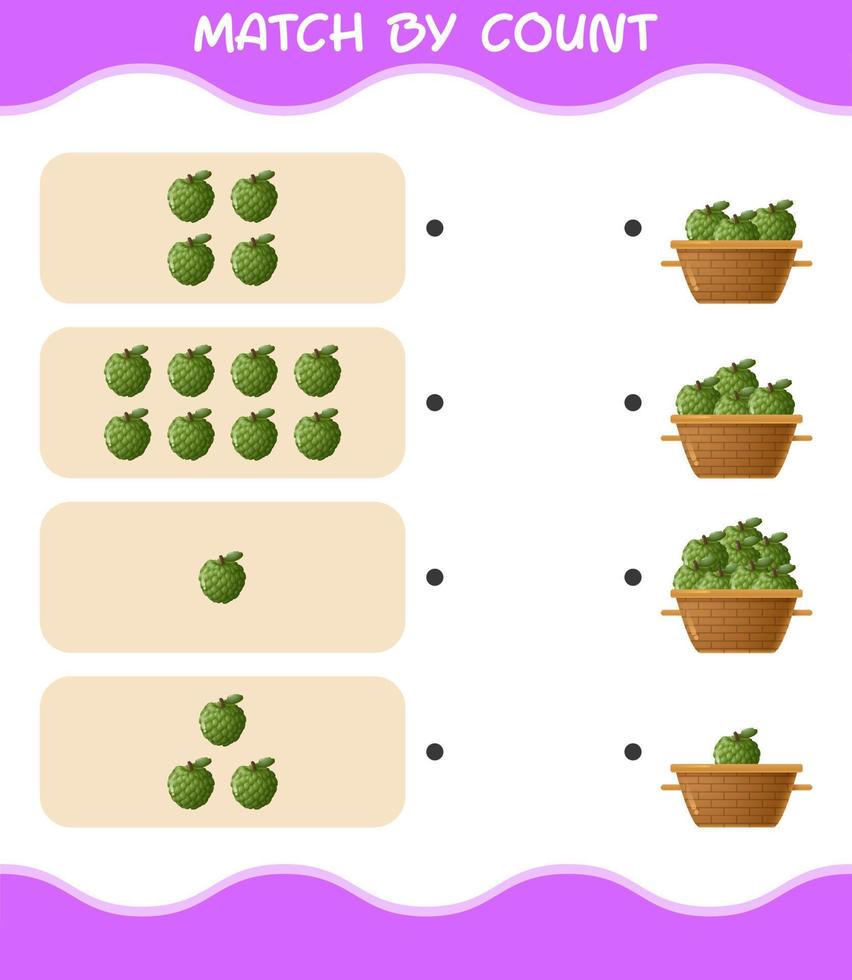 Match by count of cartoon custard apple. Match and count game. Educational game for pre shool years kids and toddlers vector