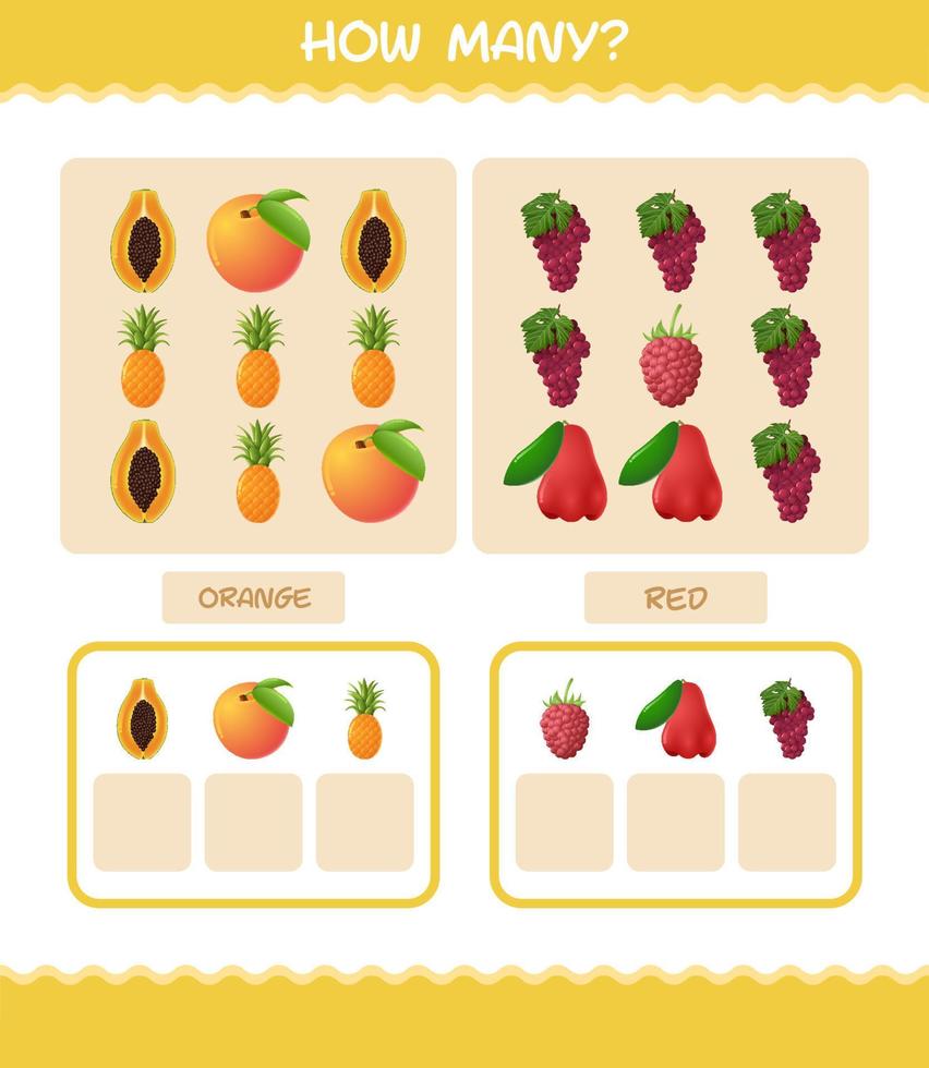 cuántas frutas de dibujos animados. juego de conteo juego educativo para niños y niños pequeños en edad preescolar vector