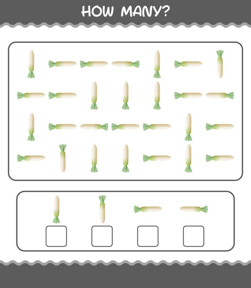 How many cartoon daikon. Counting game. Educational game for pre shool years kids and toddlers vector