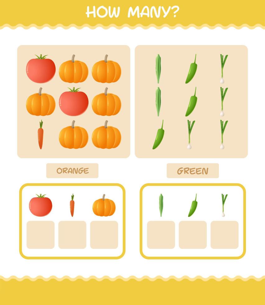 cuántas verduras de dibujos animados. juego de conteo juego educativo para niños de edad preescolar y niños pequeños vector