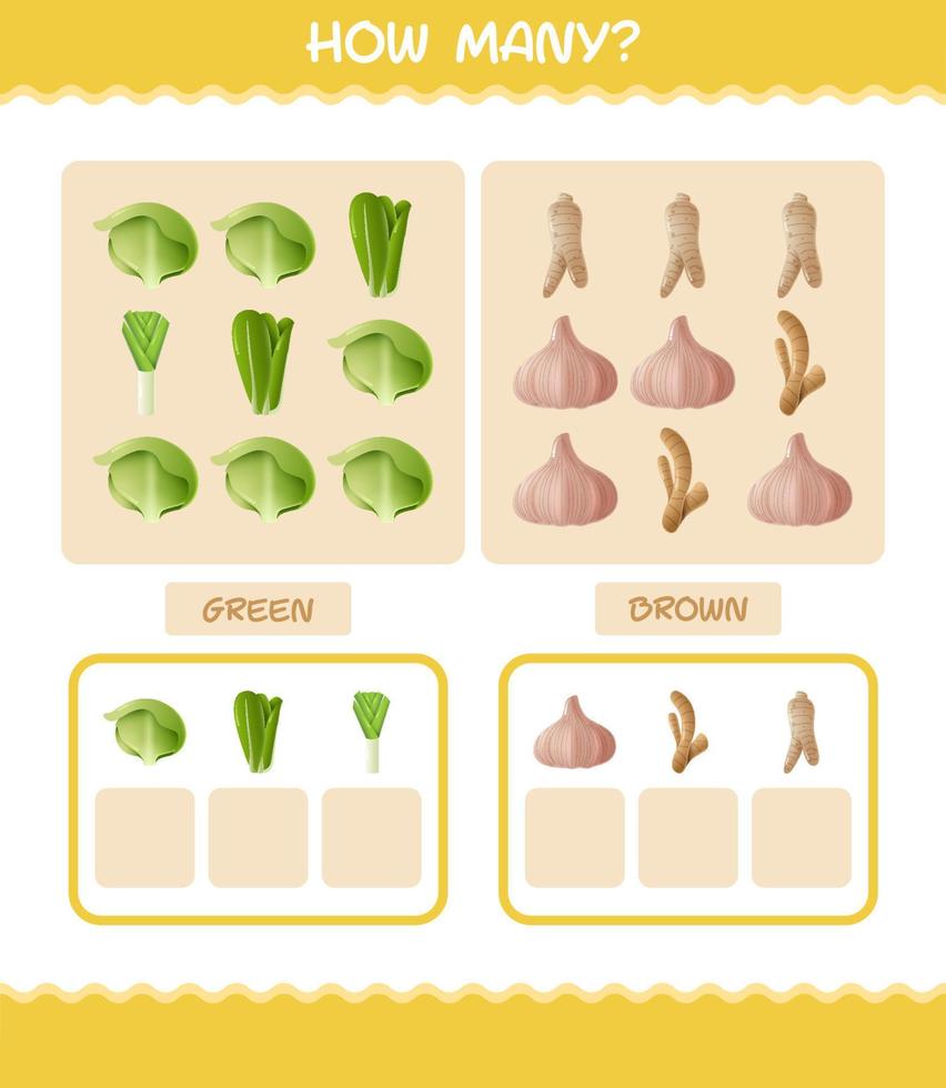 How many cartoon vegetables. Counting game. Educational game for pre shool years kids and toddlers vector