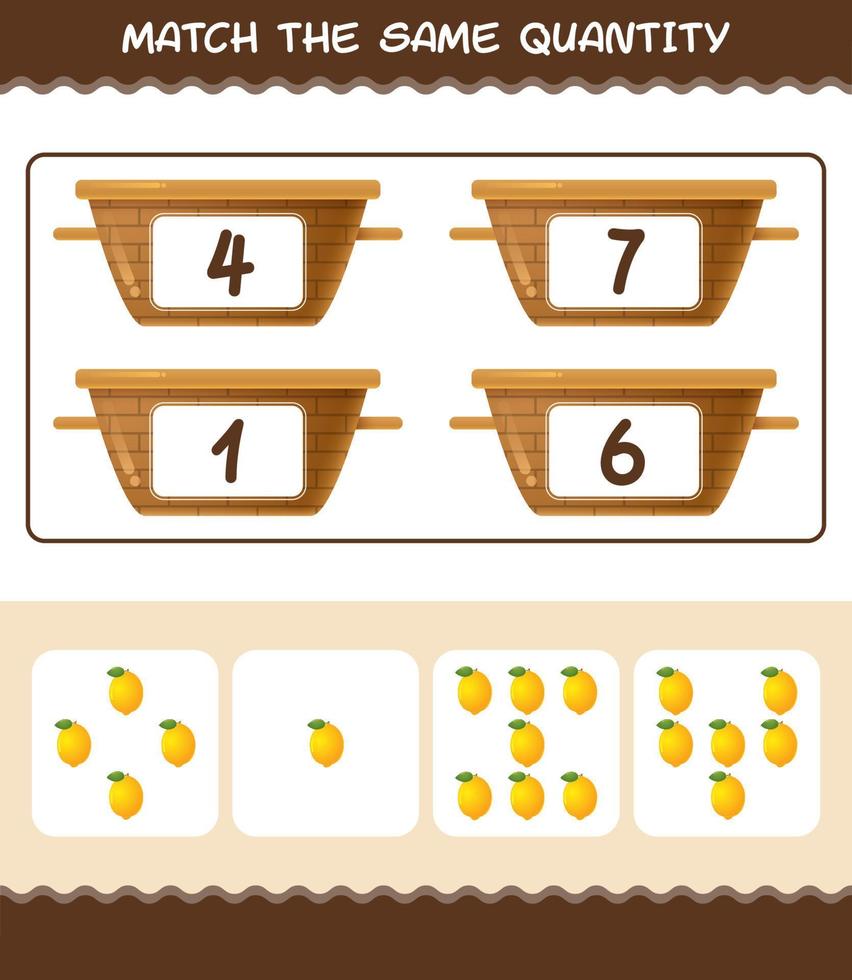Match the same quantity of lemon. Counting game. Educational game for pre shool years kids and toddlers vector