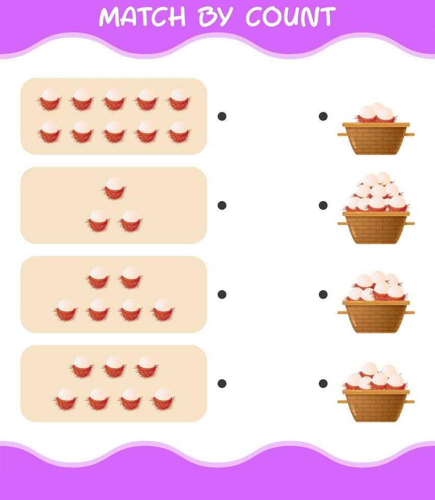 Match by count of cartoon rambutan. Match and count game. Educational game for pre shool years kids and toddlers vector