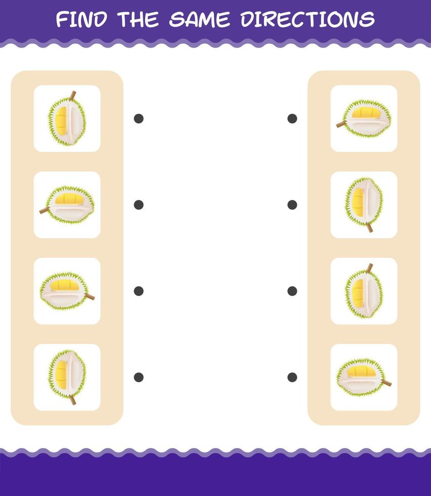 Match the same directions of durian. Matching game. Educational game for pre shool years kids and toddlers vector