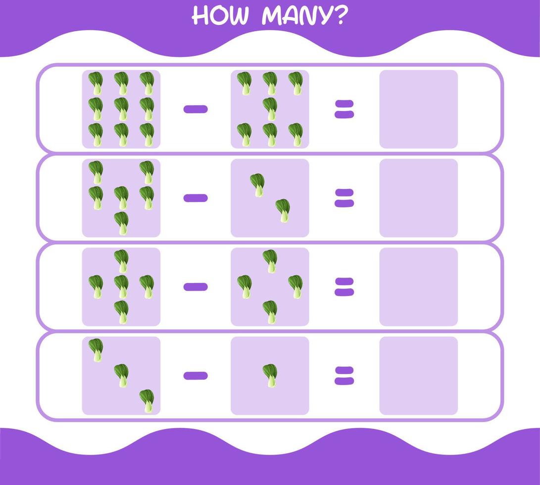 How many cartoon bok choy. Counting game. Educational game for pre shool years kids and toddlers vector