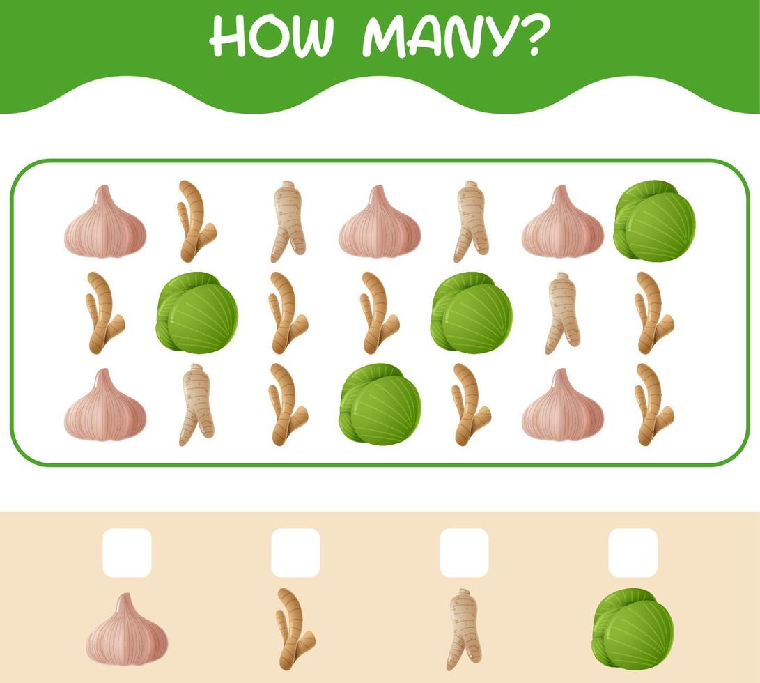 How many cartoon vegetables. Counting game. Educational game for pre shool years kids and toddlers vector