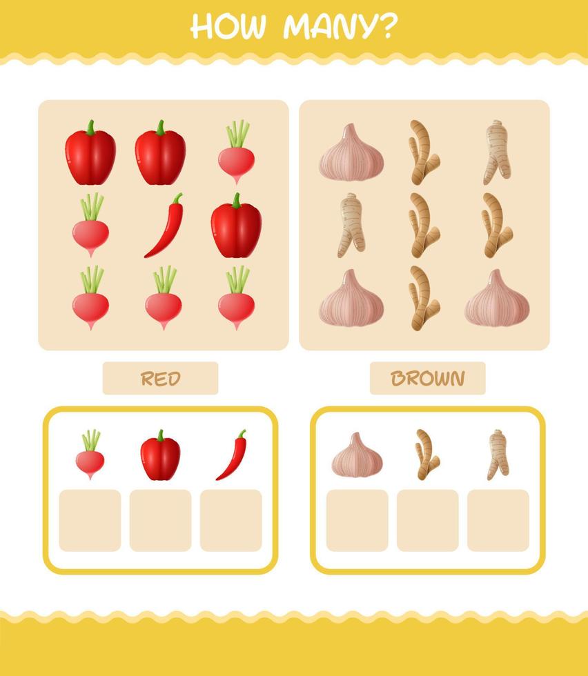 How many cartoon vegetables. Counting game. Educational game for pre shool years kids and toddlers vector